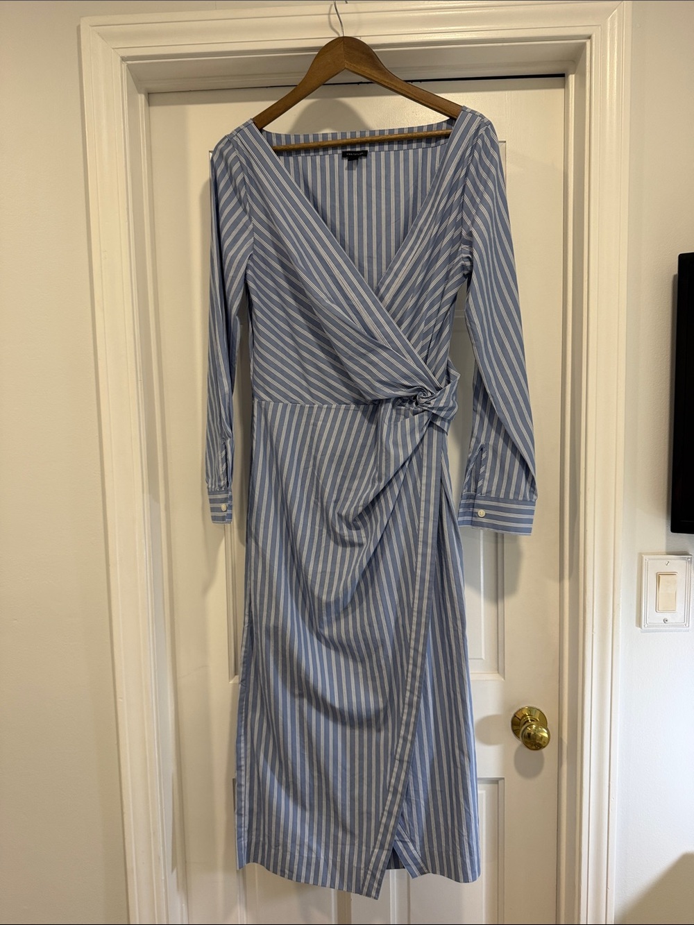 Ann Taylor Blue and White Striped Wrap Midi Dress